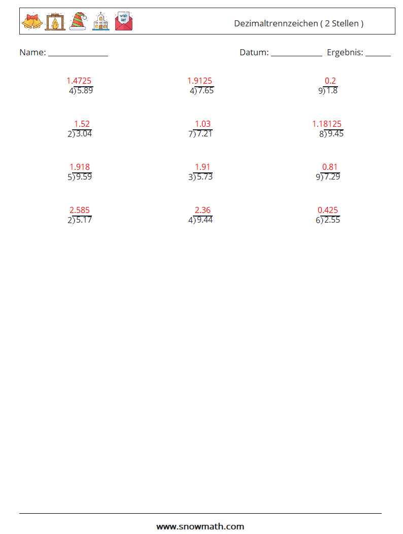 (12) Dezimaltrennzeichen ( 2 Stellen ) Mathe-Arbeitsblätter 12 Frage, Antwort