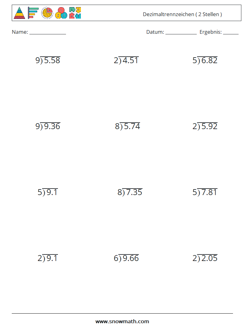 (12) Dezimaltrennzeichen ( 2 Stellen ) Mathe-Arbeitsblätter 13
