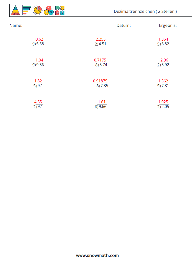 (12) Dezimaltrennzeichen ( 2 Stellen ) Mathe-Arbeitsblätter 13 Frage, Antwort