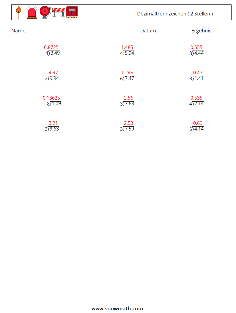 (12) Dezimaltrennzeichen ( 2 Stellen ) Mathe-Arbeitsblätter 14 Frage, Antwort