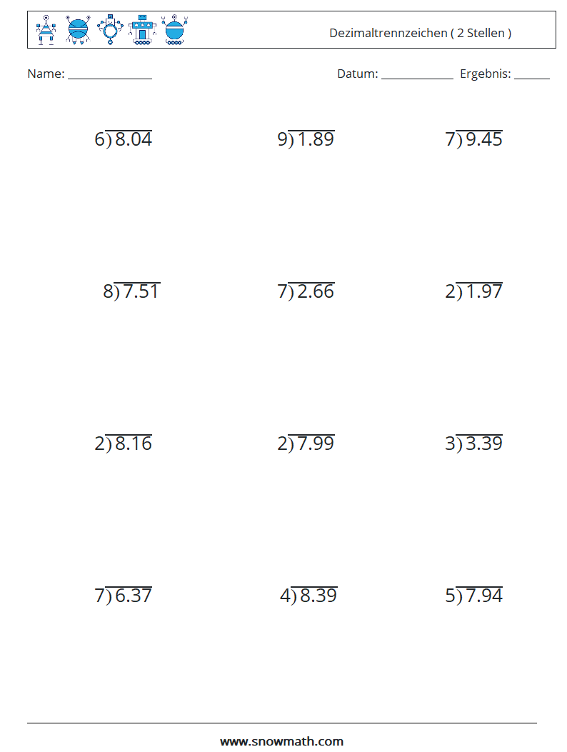 (12) Dezimaltrennzeichen ( 2 Stellen ) Mathe-Arbeitsblätter 15