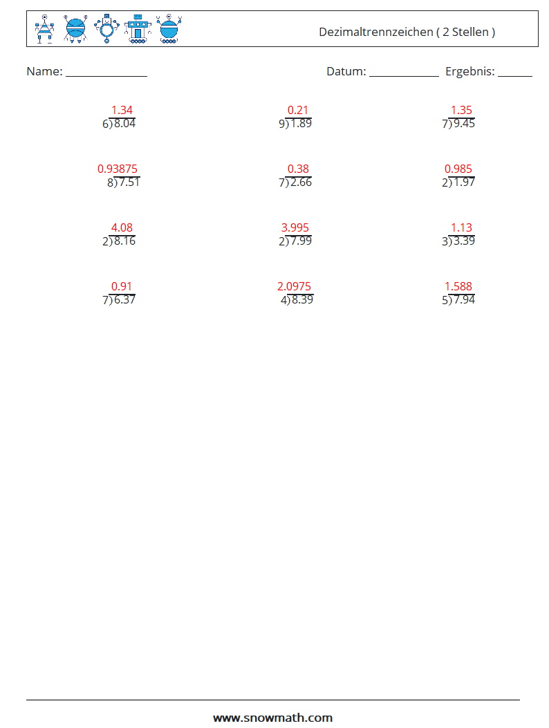 (12) Dezimaltrennzeichen ( 2 Stellen ) Mathe-Arbeitsblätter 15 Frage, Antwort