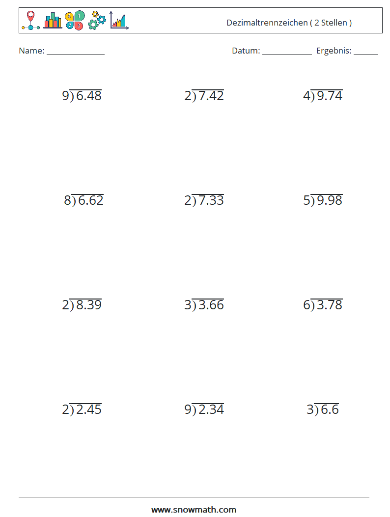 (12) Dezimaltrennzeichen ( 2 Stellen ) Mathe-Arbeitsblätter 16