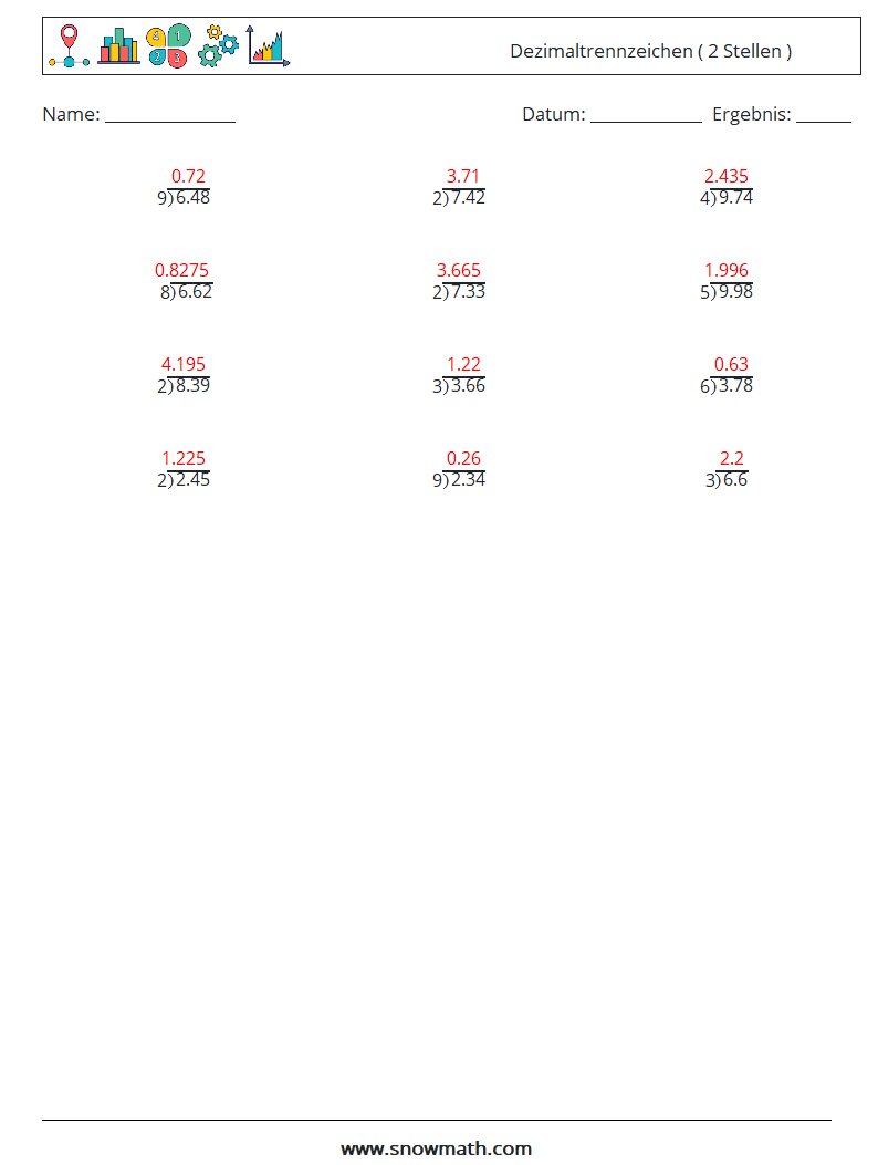 (12) Dezimaltrennzeichen ( 2 Stellen ) Mathe-Arbeitsblätter 16 Frage, Antwort