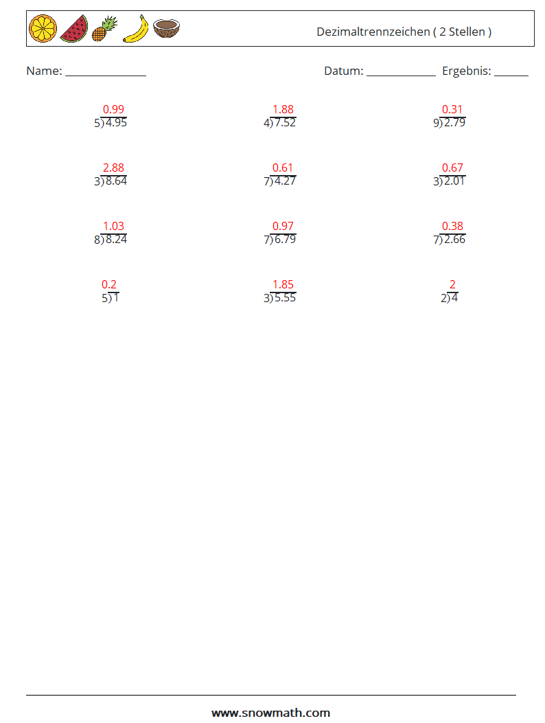(12) Dezimaltrennzeichen ( 2 Stellen ) Mathe-Arbeitsblätter 17 Frage, Antwort