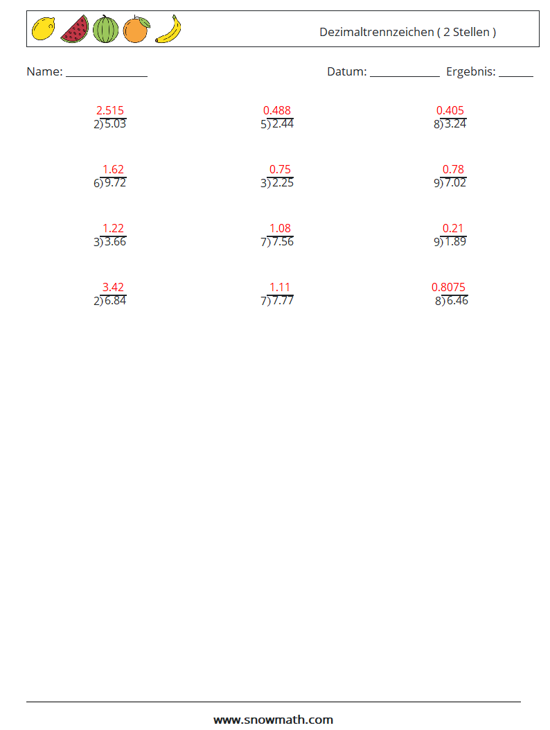 (12) Dezimaltrennzeichen ( 2 Stellen ) Mathe-Arbeitsblätter 18 Frage, Antwort