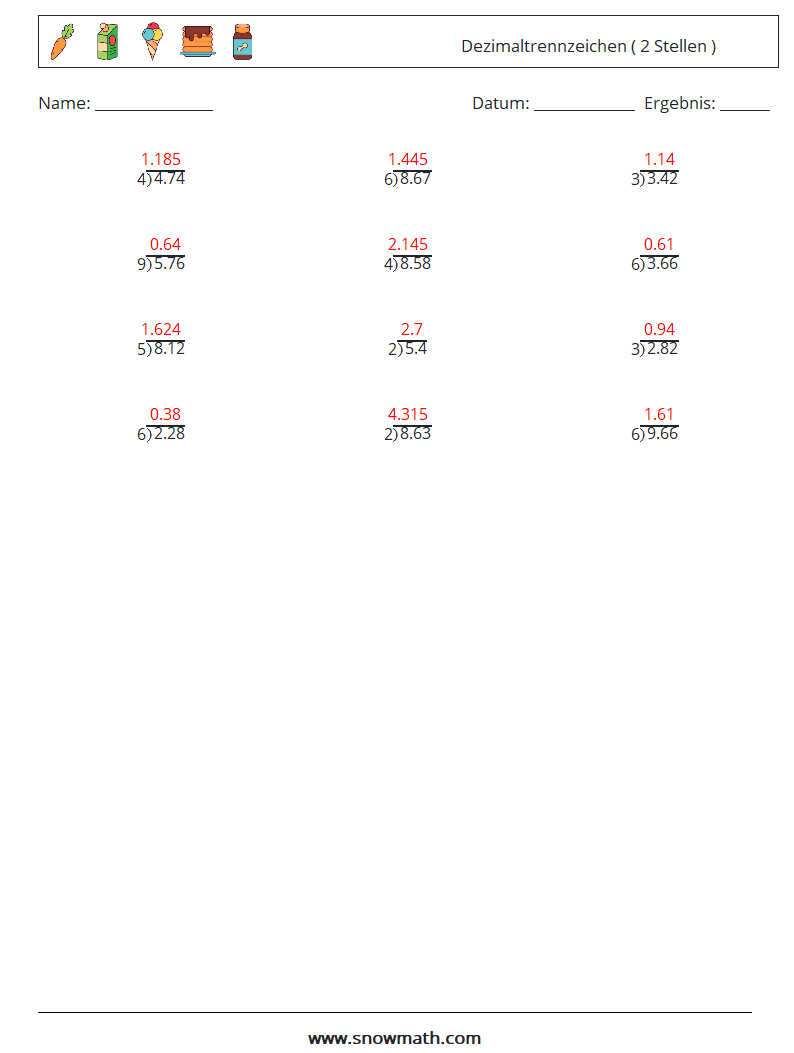 (12) Dezimaltrennzeichen ( 2 Stellen ) Mathe-Arbeitsblätter 1 Frage, Antwort