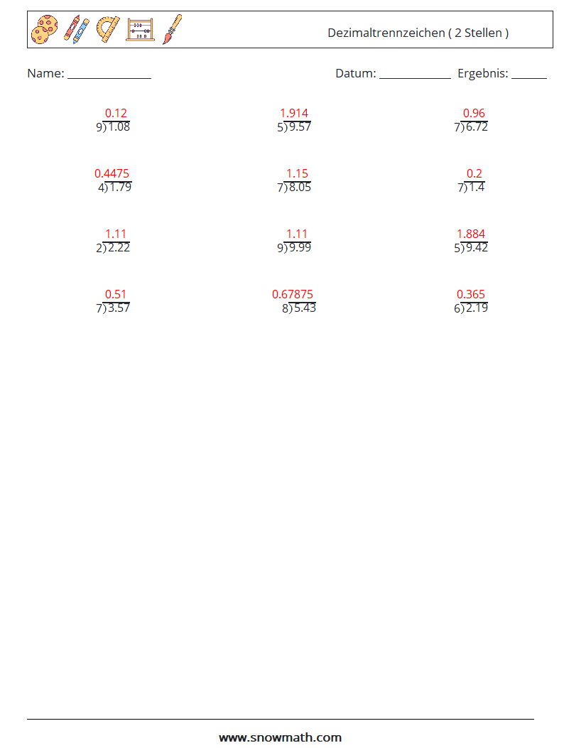 (12) Dezimaltrennzeichen ( 2 Stellen ) Mathe-Arbeitsblätter 2 Frage, Antwort