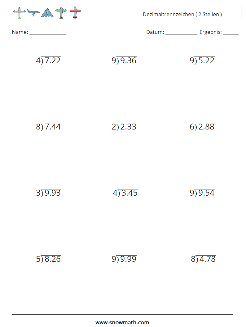 (12) Dezimaltrennzeichen ( 2 Stellen ) Mathe-Arbeitsblätter 3