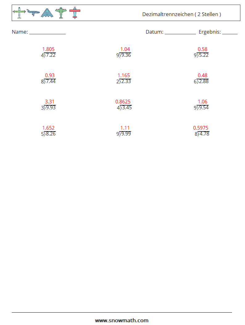 (12) Dezimaltrennzeichen ( 2 Stellen ) Mathe-Arbeitsblätter 3 Frage, Antwort