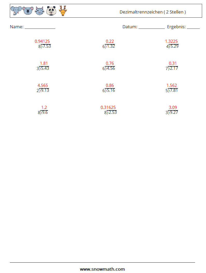 (12) Dezimaltrennzeichen ( 2 Stellen ) Mathe-Arbeitsblätter 4 Frage, Antwort