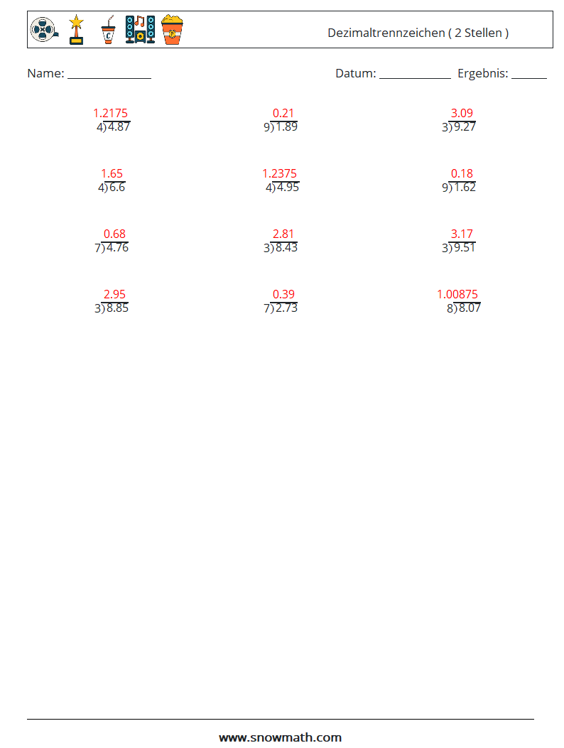 (12) Dezimaltrennzeichen ( 2 Stellen ) Mathe-Arbeitsblätter 5 Frage, Antwort