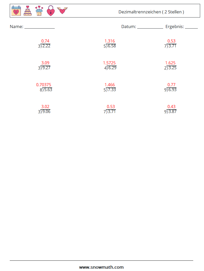 (12) Dezimaltrennzeichen ( 2 Stellen ) Mathe-Arbeitsblätter 6 Frage, Antwort