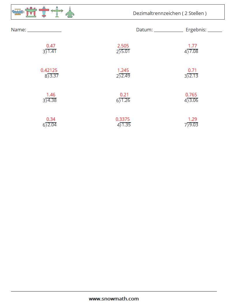 (12) Dezimaltrennzeichen ( 2 Stellen ) Mathe-Arbeitsblätter 7 Frage, Antwort