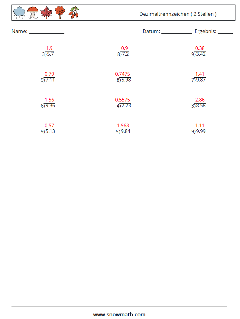 (12) Dezimaltrennzeichen ( 2 Stellen ) Mathe-Arbeitsblätter 8 Frage, Antwort