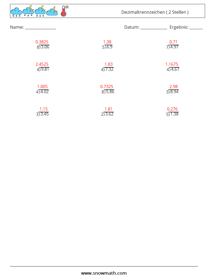 (12) Dezimaltrennzeichen ( 2 Stellen ) Mathe-Arbeitsblätter 9 Frage, Antwort