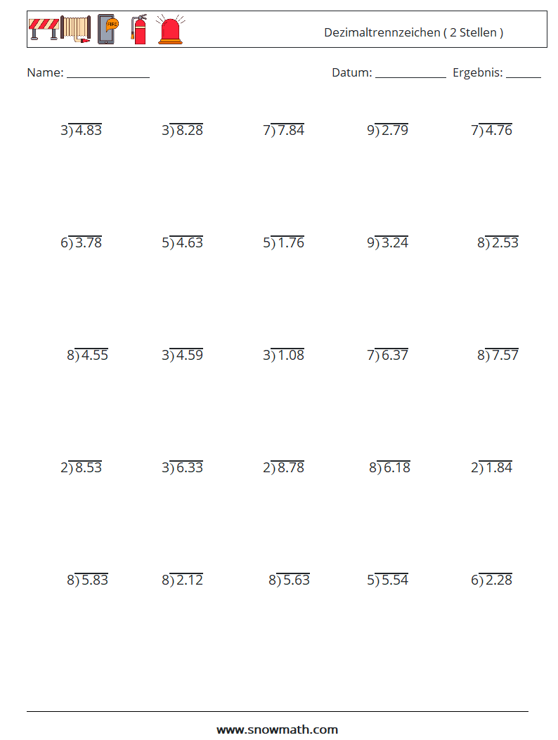 (25) Dezimaltrennzeichen ( 2 Stellen ) Mathe-Arbeitsblätter 1