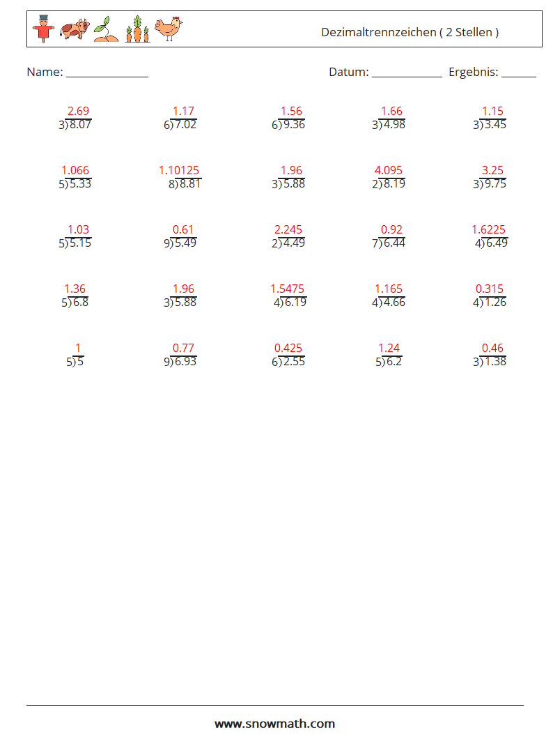 (25) Dezimaltrennzeichen ( 2 Stellen ) Mathe-Arbeitsblätter 10 Frage, Antwort
