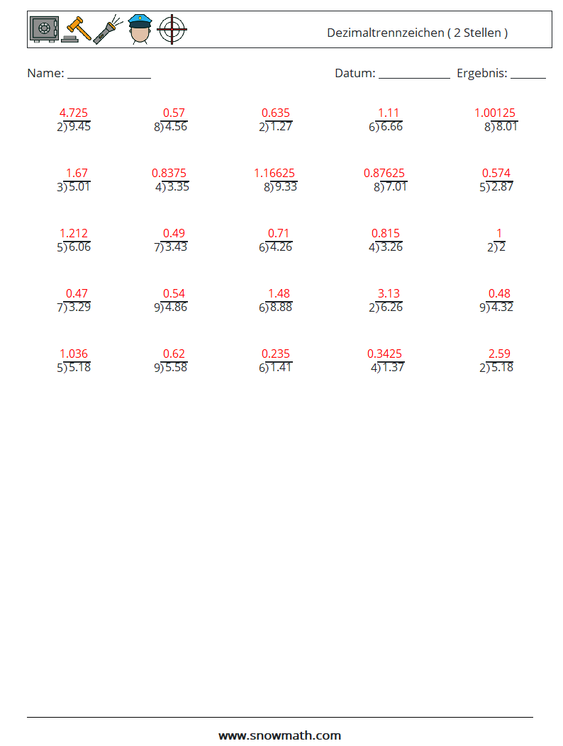 (25) Dezimaltrennzeichen ( 2 Stellen ) Mathe-Arbeitsblätter 11 Frage, Antwort