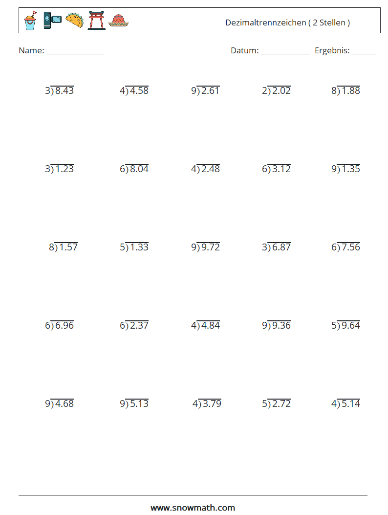 (25) Dezimaltrennzeichen ( 2 Stellen ) Mathe-Arbeitsblätter 12