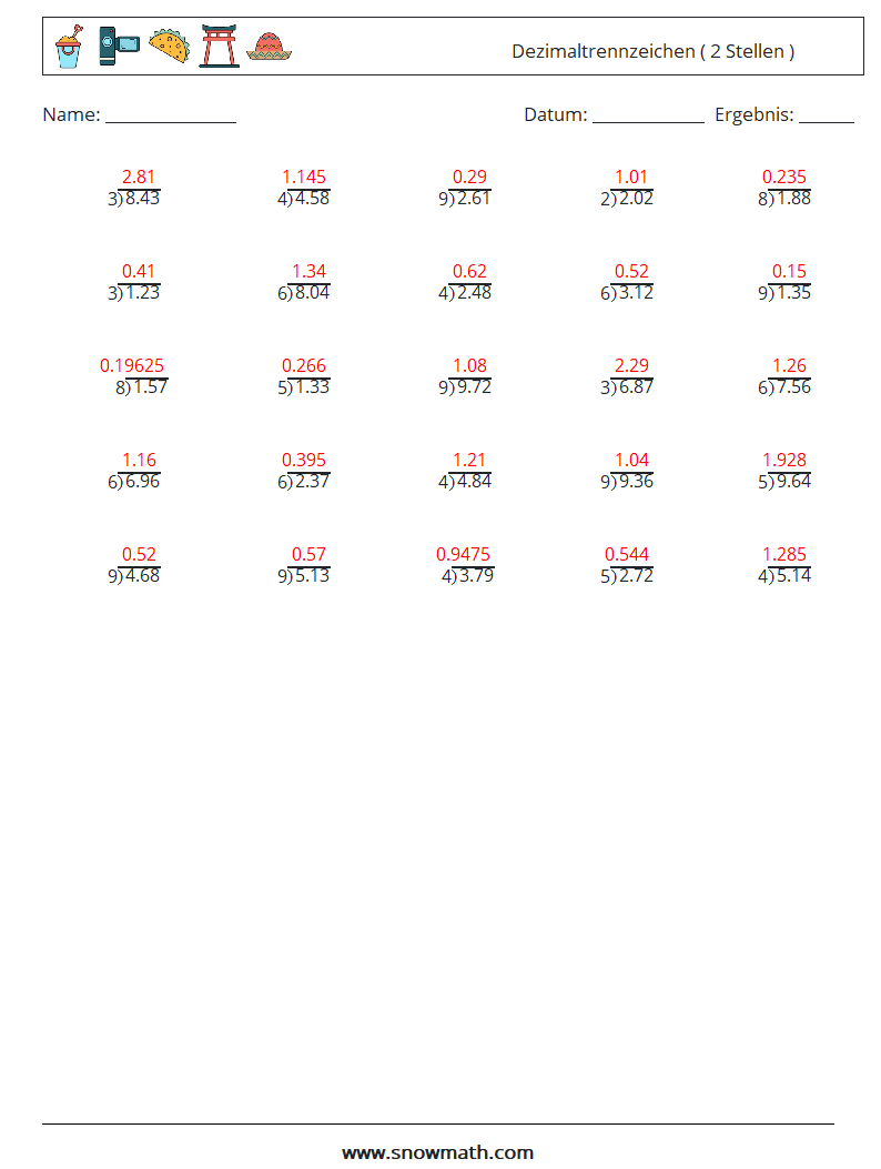 (25) Dezimaltrennzeichen ( 2 Stellen ) Mathe-Arbeitsblätter 12 Frage, Antwort