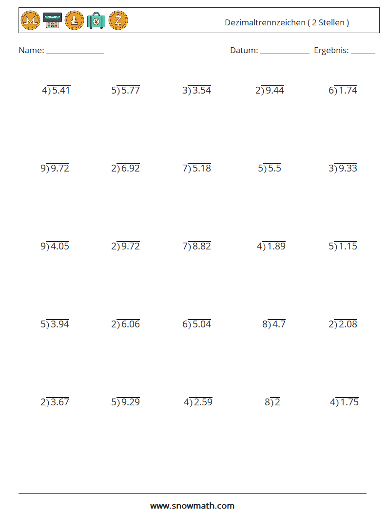 (25) Dezimaltrennzeichen ( 2 Stellen ) Mathe-Arbeitsblätter 13