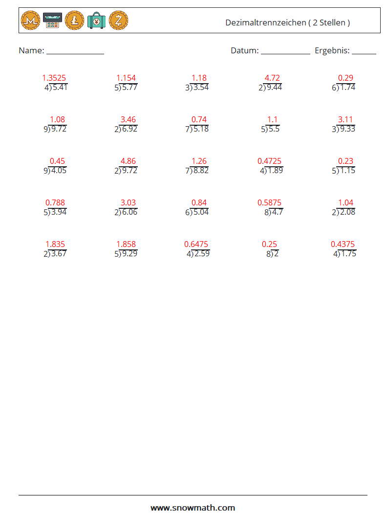 (25) Dezimaltrennzeichen ( 2 Stellen ) Mathe-Arbeitsblätter 13 Frage, Antwort