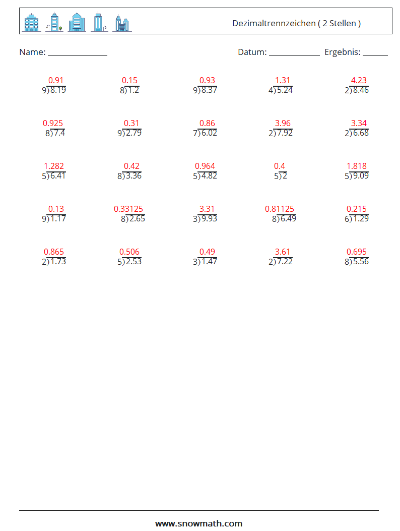 (25) Dezimaltrennzeichen ( 2 Stellen ) Mathe-Arbeitsblätter 14 Frage, Antwort