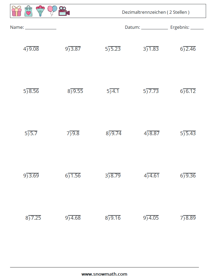 (25) Dezimaltrennzeichen ( 2 Stellen ) Mathe-Arbeitsblätter 15