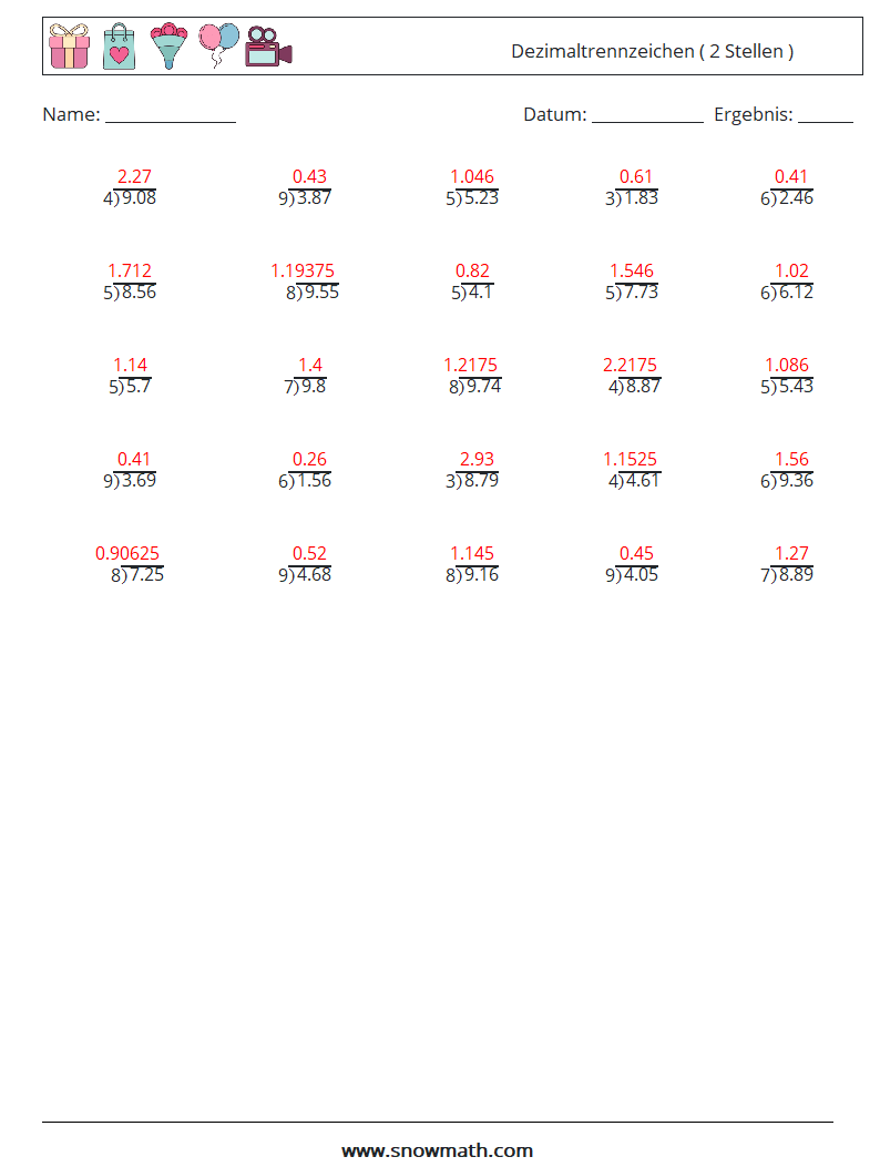 (25) Dezimaltrennzeichen ( 2 Stellen ) Mathe-Arbeitsblätter 15 Frage, Antwort