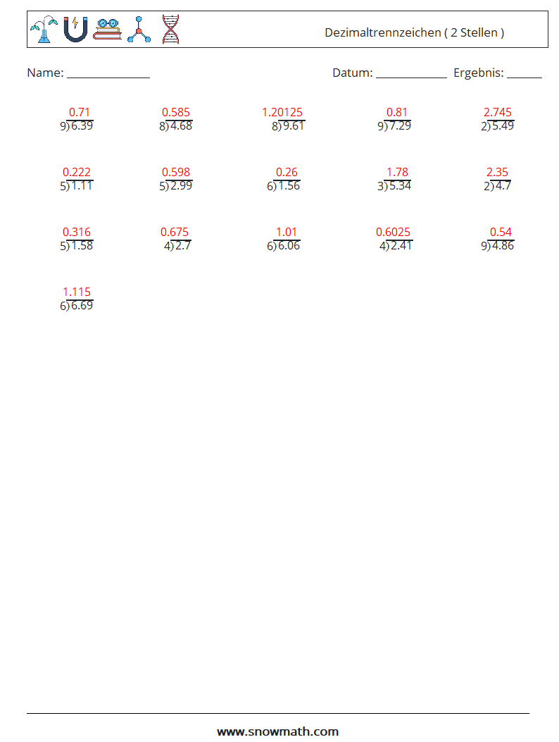 (25) Dezimaltrennzeichen ( 2 Stellen ) Mathe-Arbeitsblätter 17 Frage, Antwort