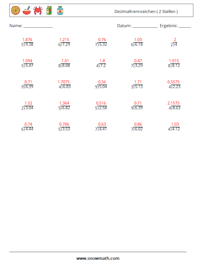 (25) Dezimaltrennzeichen ( 2 Stellen ) Mathe-Arbeitsblätter 18 Frage, Antwort
