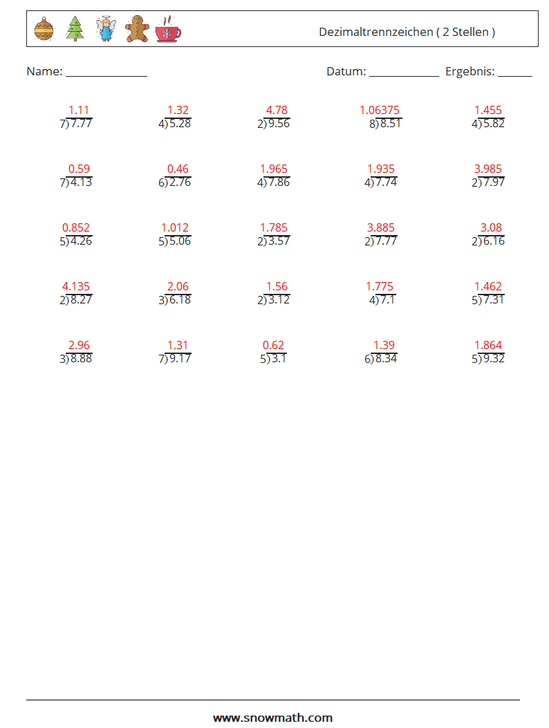 (25) Dezimaltrennzeichen ( 2 Stellen ) Mathe-Arbeitsblätter 3 Frage, Antwort