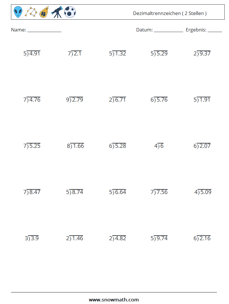 (25) Dezimaltrennzeichen ( 2 Stellen ) Mathe-Arbeitsblätter 5