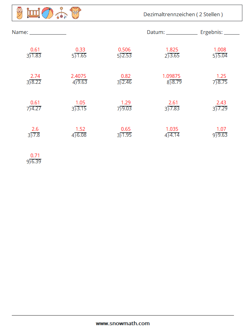 (25) Dezimaltrennzeichen ( 2 Stellen ) Mathe-Arbeitsblätter 7 Frage, Antwort