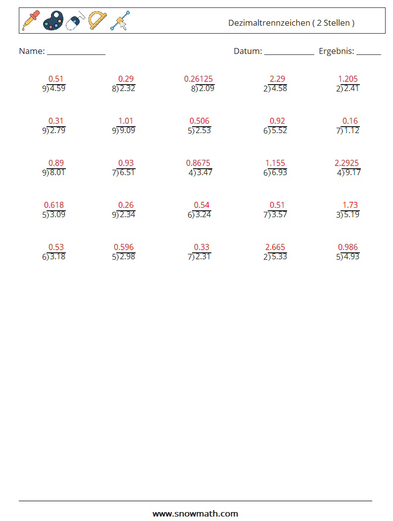 (25) Dezimaltrennzeichen ( 2 Stellen ) Mathe-Arbeitsblätter 9 Frage, Antwort