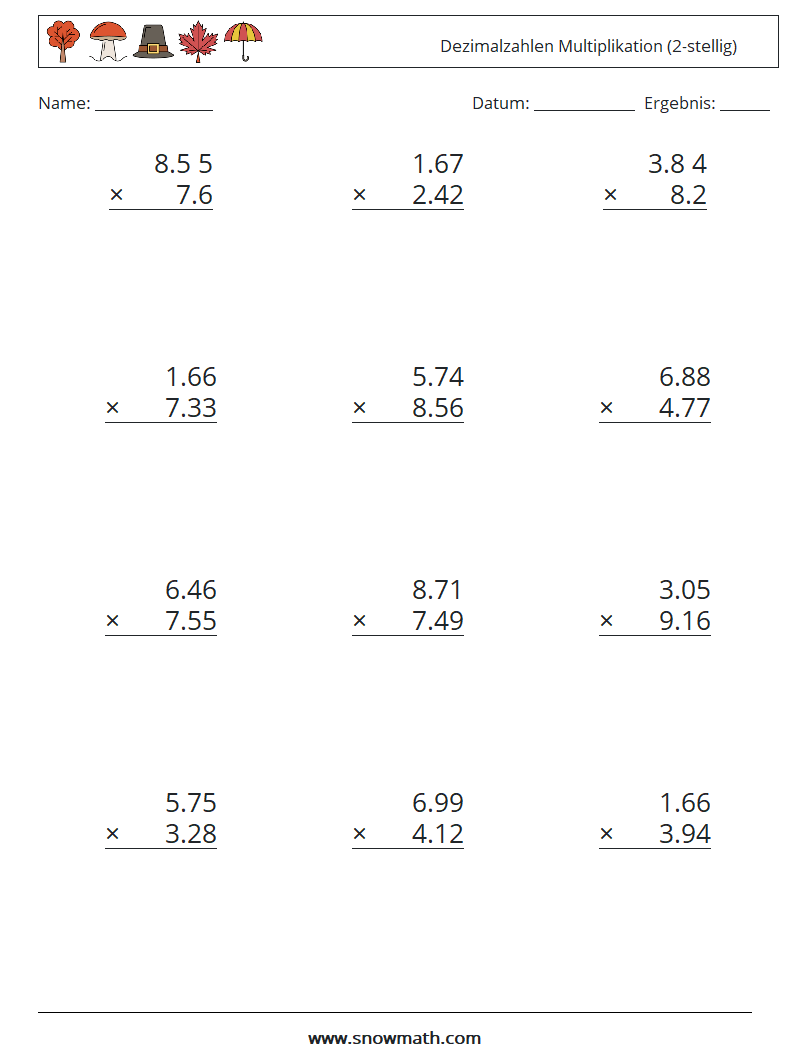 (12) Dezimalzahlen Multiplikation (2-stellig) Mathe-Arbeitsblätter 1