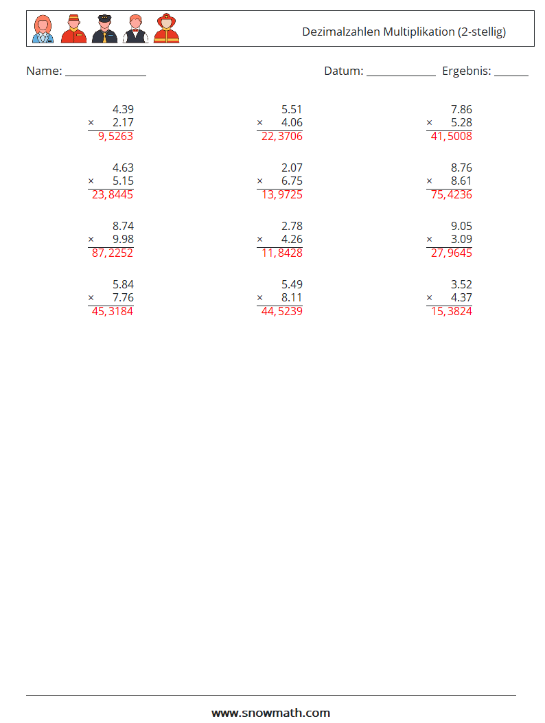 (12) Dezimalzahlen Multiplikation (2-stellig) Mathe-Arbeitsblätter 10 Frage, Antwort