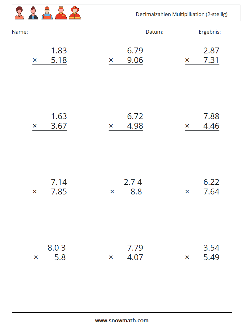 (12) Dezimalzahlen Multiplikation (2-stellig) Mathe-Arbeitsblätter 13