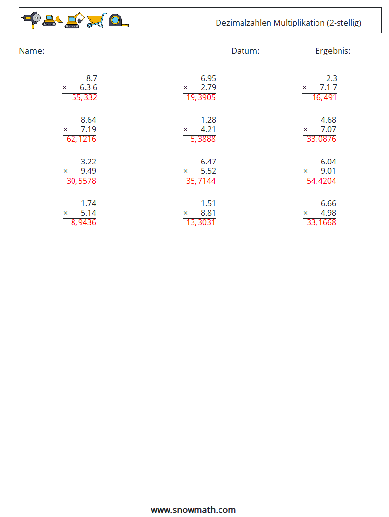 (12) Dezimalzahlen Multiplikation (2-stellig) Mathe-Arbeitsblätter 14 Frage, Antwort