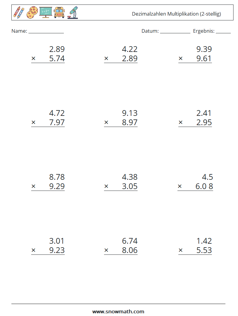 (12) Dezimalzahlen Multiplikation (2-stellig) Mathe-Arbeitsblätter 15