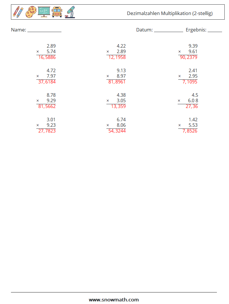 (12) Dezimalzahlen Multiplikation (2-stellig) Mathe-Arbeitsblätter 15 Frage, Antwort