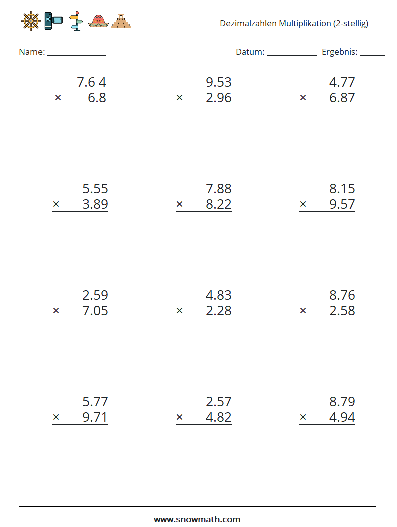 (12) Dezimalzahlen Multiplikation (2-stellig) Mathe-Arbeitsblätter 16