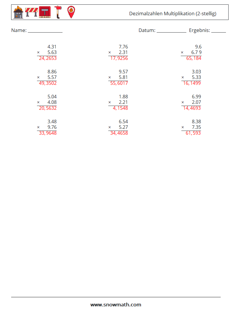 (12) Dezimalzahlen Multiplikation (2-stellig) Mathe-Arbeitsblätter 2 Frage, Antwort