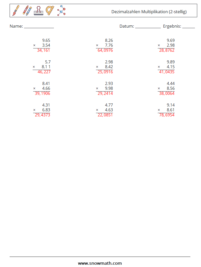 (12) Dezimalzahlen Multiplikation (2-stellig) Mathe-Arbeitsblätter 3 Frage, Antwort