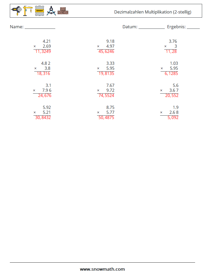 (12) Dezimalzahlen Multiplikation (2-stellig) Mathe-Arbeitsblätter 4 Frage, Antwort