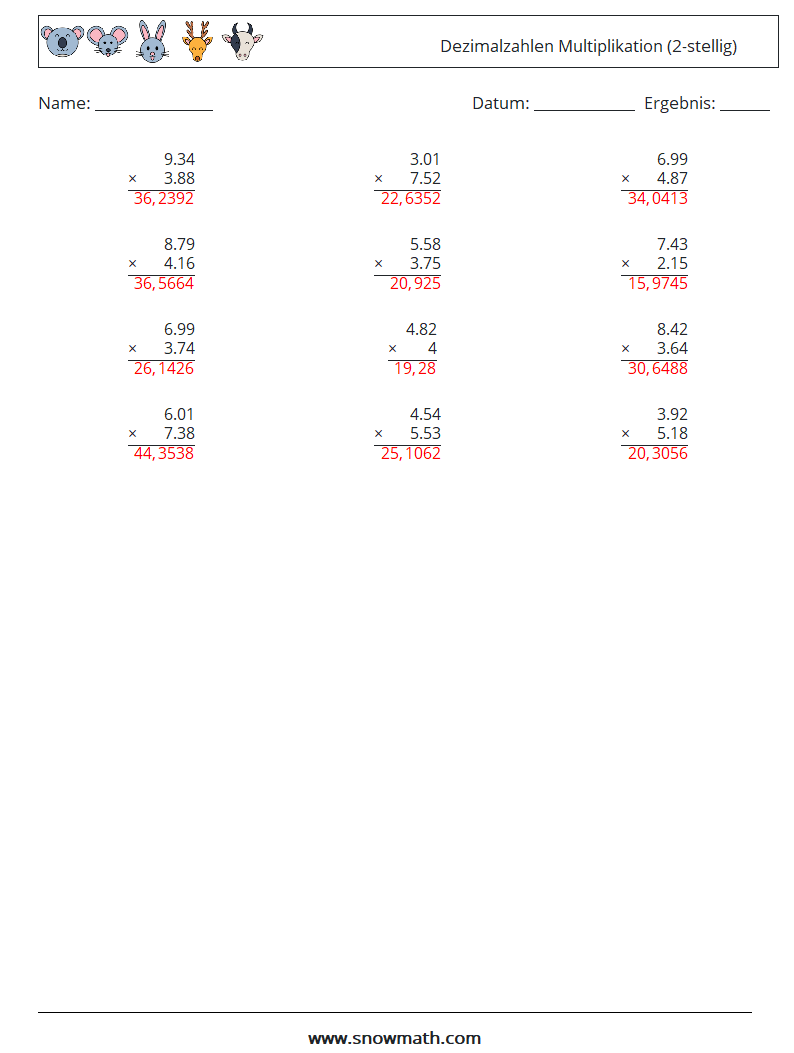 (12) Dezimalzahlen Multiplikation (2-stellig) Mathe-Arbeitsblätter 6 Frage, Antwort