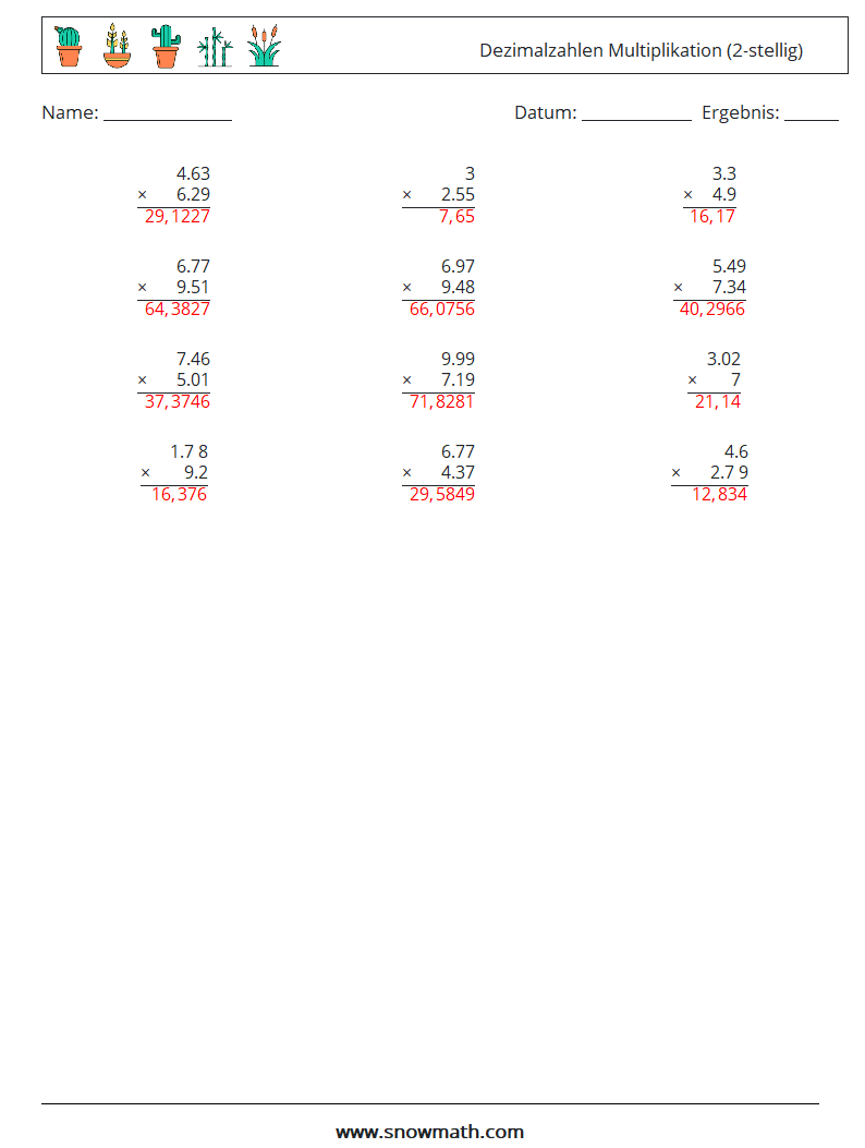 (12) Dezimalzahlen Multiplikation (2-stellig) Mathe-Arbeitsblätter 7 Frage, Antwort