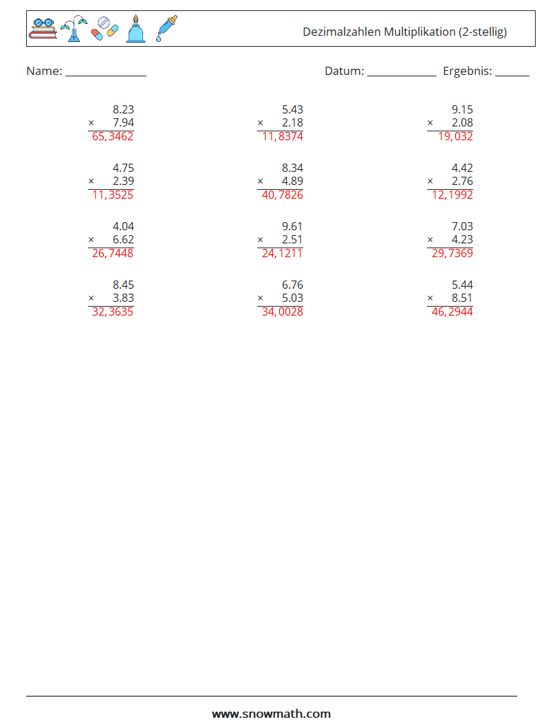 (12) Dezimalzahlen Multiplikation (2-stellig) Mathe-Arbeitsblätter 8 Frage, Antwort