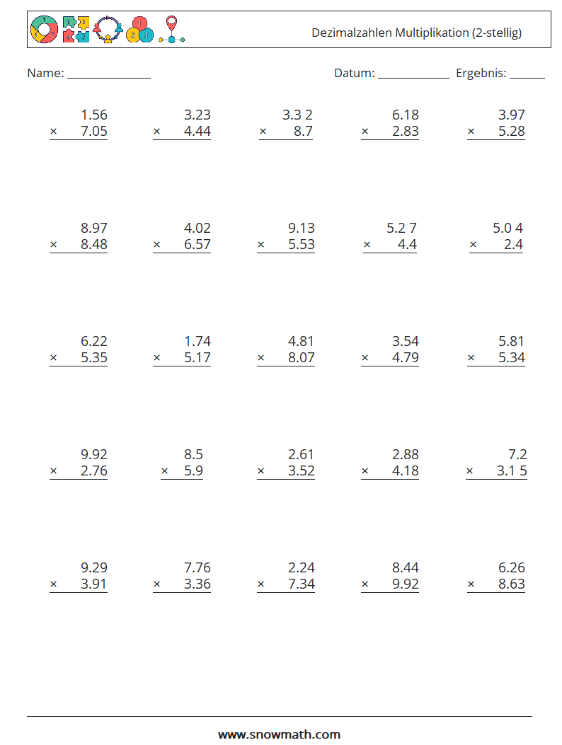 (25) Dezimalzahlen Multiplikation (2-stellig) Mathe-Arbeitsblätter 1